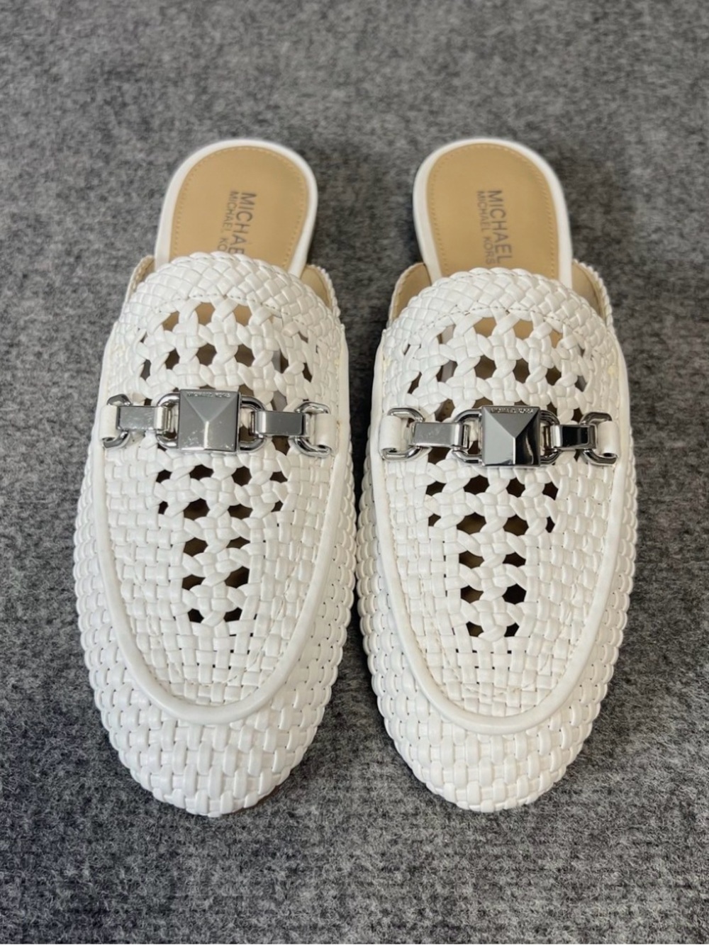 Michael Kors White Woven Leather Slip-On Mules with Silver Hardware